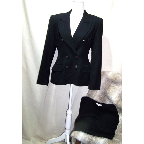 Vintage Cache Skirt Suit 2 Piece Military Blazer Stars 8 Black Wool - Picture 1 of 13